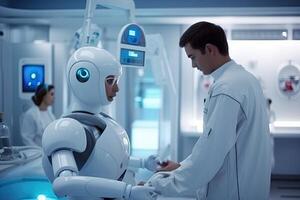 illustration of the high tech future, robots will operate on patients in a fantasy world photo