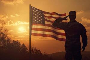 generativo ai ilustración de soldado saludo y Estados Unidos bandera en amanecer antecedentes foto