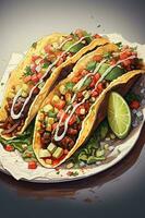 Generative AI illustration of tacos for food commercial, blank background photo