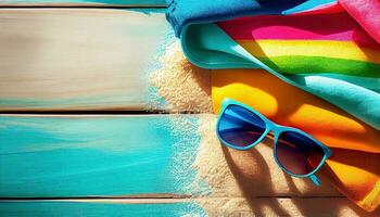 generativo ai ilustración de playa arena y vistoso toalla en azul de madera antecedentes. verano fiesta bandera. Gafas de sol en centro. parte superior vista, luz de sol foto