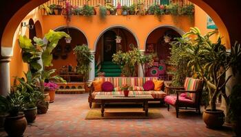 Generative AI illustration of the beauty and richness of a traditional Mexican living room and patio, with bright colors on the walls, cacti, tropical leaves, lanterns, majestic arches, and stairs photo
