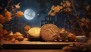 illustration of Chinese Mid Autumn Festival moon cakes arranged on a traditional Chinese porcelain plate, set on a rustic wooden table photo