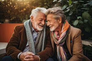 illustration of a married, elderly gay male couple embrace each other in a show of love and affection photo