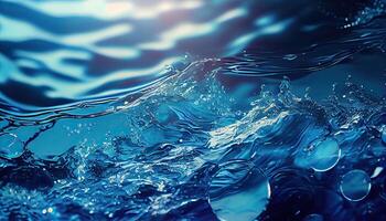 illustration of transparent blue clear water surface texture with ripples, splashes and bubbles. Abstract summer banner background, water waves in sunlight with copy space photo