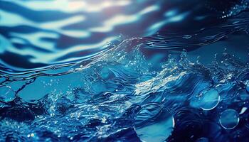 Generative AI illustration of transparent blue clear water surface texture with ripples, splashes and bubbles. Abstract summer banner background, water waves in sunlight with copy space photo