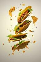 Generative AI illustration of flying tacos for food commercial, blank background photo