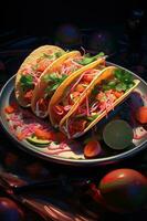 Generative AI illustration of tacos for food commercial, blank background photo