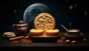 Generative AI illustration of Chinese Mid Autumn Festival moon cakes arranged on a traditional Chinese porcelain plate, set on a rustic wooden table photo