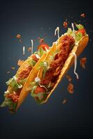 Generative AI illustration of flying tacos for food commercial, blank background photo