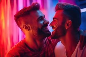 generativo ai ilustración de sonriente Pareja homosexual, lgbt concepto, positivo y alegre. neón club color antecedentes foto