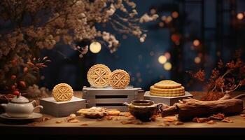 Generative AI illustration of Chinese Mid Autumn Festival moon cakes arranged on a traditional Chinese porcelain plate, set on a rustic wooden table photo