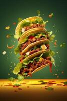 Generative AI illustration of flying tacos for food commercial, blank background photo