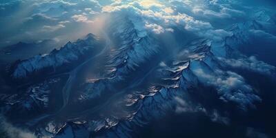 illustration of view from sky, snow mountains of dark age, rain, fog, dramatic and stunning landscape, dramatic linear delicacy photo