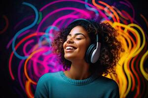 Generative AI illustration of smiling woman listening to music - positive and joyful. Solid color neon background photo