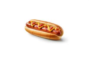 Hot dog with mustard and ketchup isolated on a white background. photo