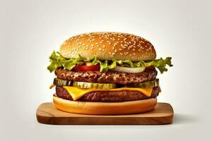 Fresh tasty cheeseburger on wooden board. ai generated photo
