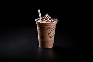 Chocolate milkshake in plastic takeaway cup isolated on black background. photo