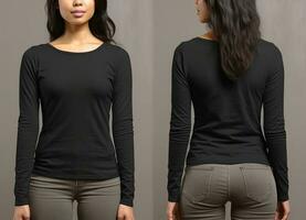 Woman wearing a black T-shirt with long sleeves. Front and back view. ai generated photo