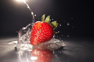 fresh red strawberries isolated on black background in spray and stream of water. ai generated photo