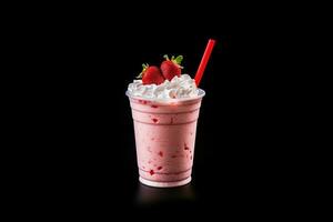 Strawberry milkshake in plastic takeaway cup isolated on black background. ai generated photo