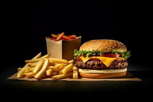 fresh tasty burger and french fries on dark background. ai generated photo