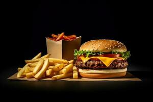 Fresco sabroso hamburguesa y francés papas fritas en oscuro antecedentes. ai generado foto