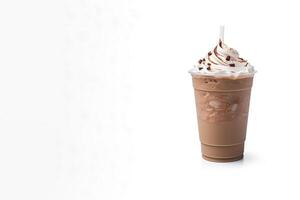 Chocolate milkshake in plastic takeaway cup isolated on white background with copy space. ai generated photo