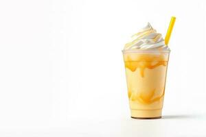 Mango smoothie milkshake in plastic takeaway cup isolated on white background with copy space. ai generated photo