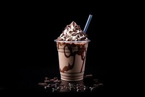 Chocolate milkshake in plastic takeaway cup isolated on black background. photo