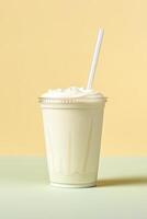 Vanilla milkshake in plastic takeaway cup isolated on pastel background. ai generated photo