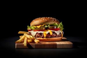 fresh tasty burger and french fries on dark background. ai generated photo