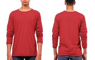 Man wearing a red T-shirt with long sleeves. Front and back view. photo