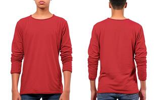 Man wearing a red T-shirt with long sleeves. Front and back view. ai generated photo