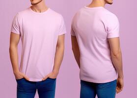 Photo realistic male pink t-shirts with copy space, front, and back view.