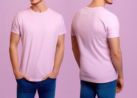 Photo realistic male pink t-shirts with copy space, front, and back view. ai generated