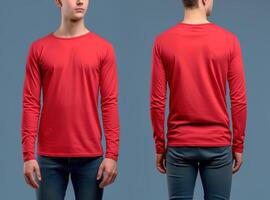 Man wearing a red T-shirt with long sleeves. Front and back view. photo