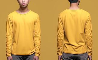 Man wearing a yellow T-shirt with long sleeves. Front and back view. ai generated photo