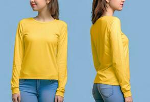 Woman wearing a yellow T-shirt with long sleeves. Front and back view. ai generated photo