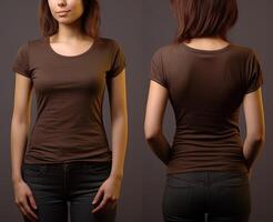 Photo realistic female brown t-shirts with copy space, front, and back view.