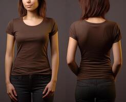 Photo realistic female brown t-shirts with copy space, front, and back view. ai generated