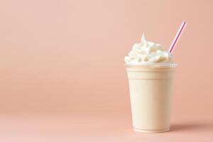 Vanilla milkshake in plastic takeaway cup isolated on pastel background with copy space. ai generated photo