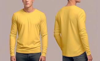 Man wearing a yellow T-shirt with long sleeves. Front and back view. photo