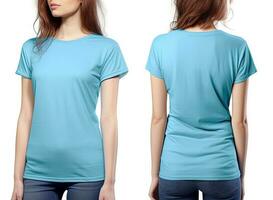 Photo realistic female blue t-shirts with copy space, front, and back view. ai generated