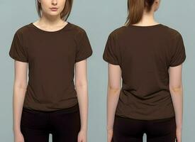 foto realista hembra marrón camisetas con Copiar espacio, frente, y espalda vista. ai generado