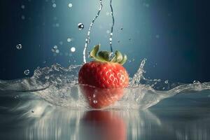 fresh red strawberries isolated on black background in spray and stream of water. ai generated photo