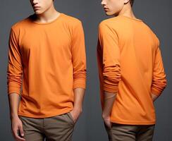 Man wearing a orange T-shirt with long sleeves. Front and back view. photo