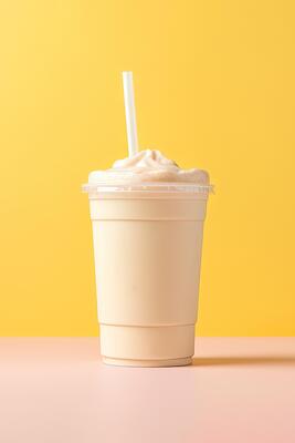 Vanilla milkshake in plastic takeaway cup isolated on pastel background. ai  generated 26278066 Stock Photo at Vecteezy