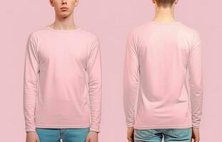 hombre vistiendo un rosado camiseta con largo mangas frente y espalda vista. ai generado foto