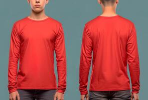 Man wearing a red T-shirt with long sleeves. Front and back view. photo