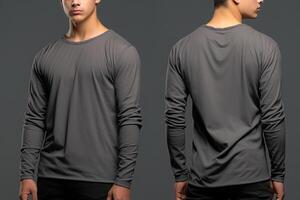 Man wearing a grey T-shirt with long sleeves. Front and back view. photo